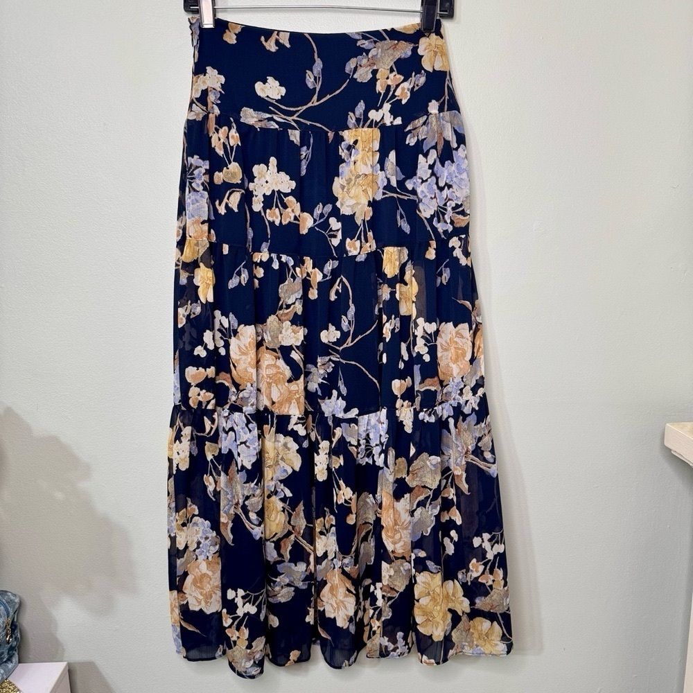Ralph Lauren Floral Crinkle Georgette Tiered Maxi Midi Skirt Navy Cream Size 00 - Picture 9 of 16